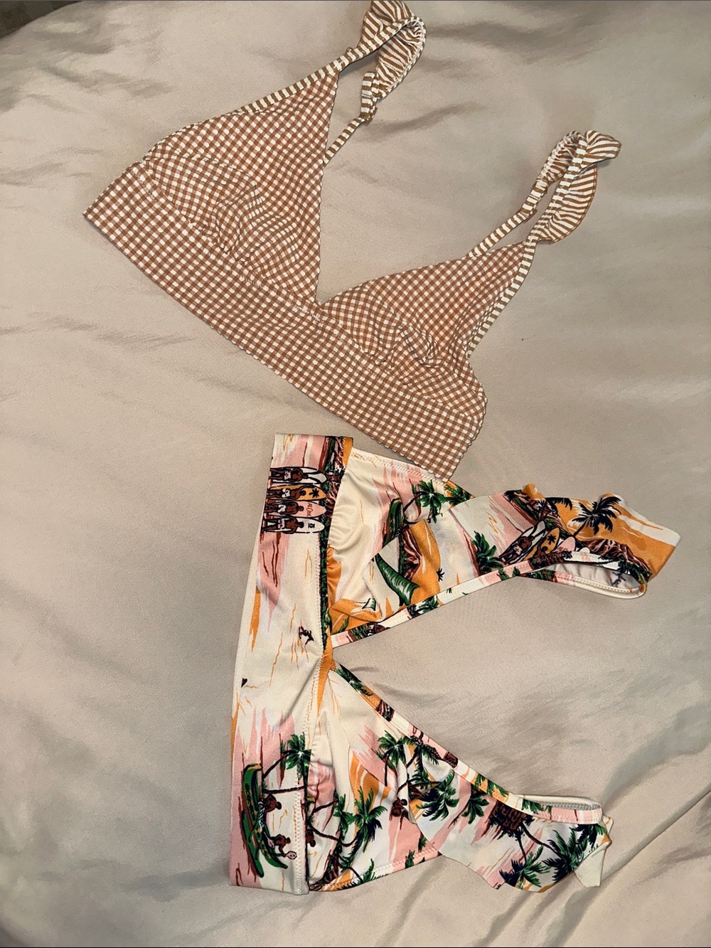 TWO AERIE TRIANGLE LARGE BIKINI TOPS GINGHAM ALOHA TAN WHITE